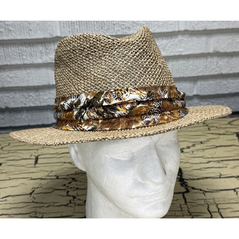 VTG Straw Woven Summer Sun Hat Beach Tropical Boho Print Band Unisex Large USA